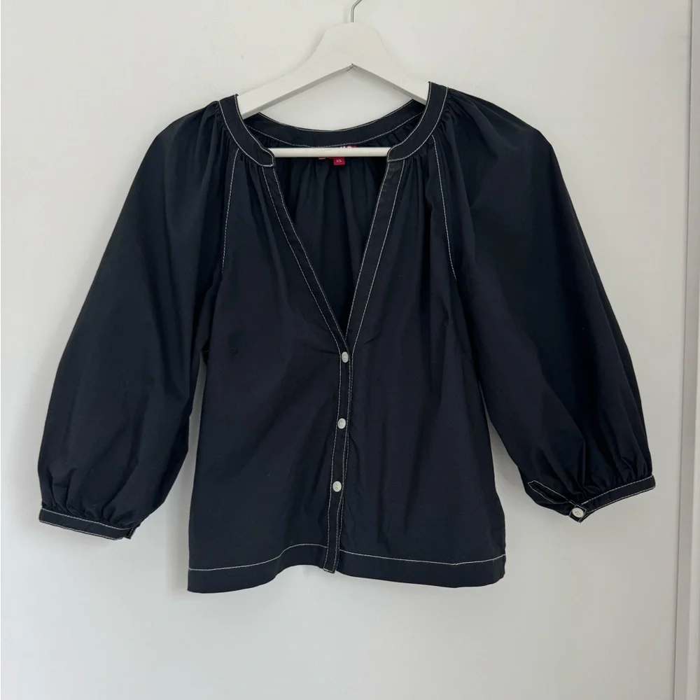 STAUD XS Dill Black Puff Sleeve Button Down Blouse Contrast Stitching - Picture 2 of 8